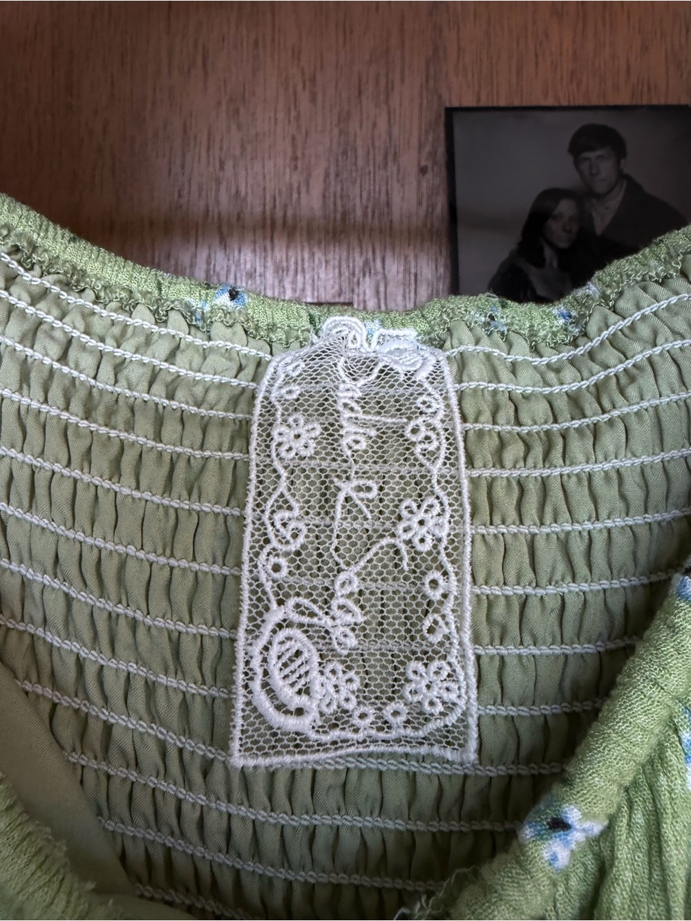 Smocked Olive Green Women's Tunic Top with Lace Yoke